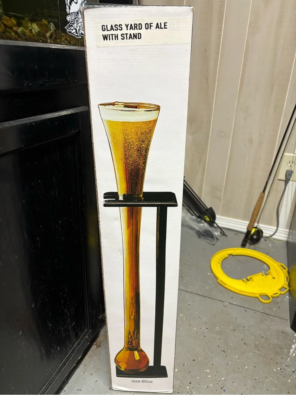 DAVE AND BUSTERS GLASS YARD OF ALE W/WOODEN STAND - 80 OZ